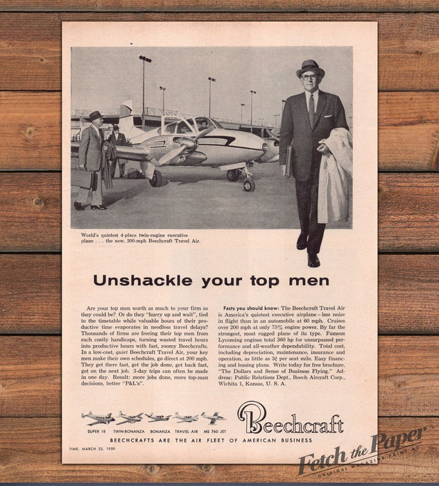 Beechcraft Travel Air Unshackle Your Top Men Executive Plane Print Ad 1959 1950s