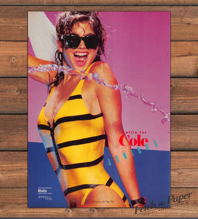 Kathy Ireland Cole Juniors Yellow Striped Swimsuit Splash Print Ad 1985 1980s