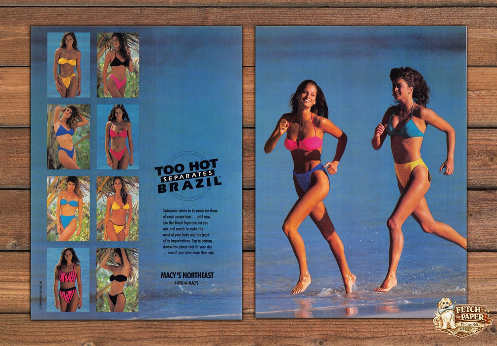 Too Hot Brazil Separates Bikini Beach Kathy Ireland Print Ad 1989 1980s (2 pgs)