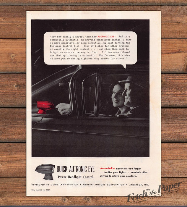 Buick Autronic-Eye Headlight Control Couple Night Drive Print Ad 1959 1950s