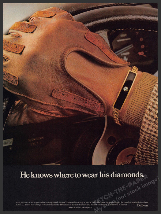 DeBeers ID Bracelet Men's Jewelry 1970s Print Advertisement 1979 Driving Fetch-the-Paper