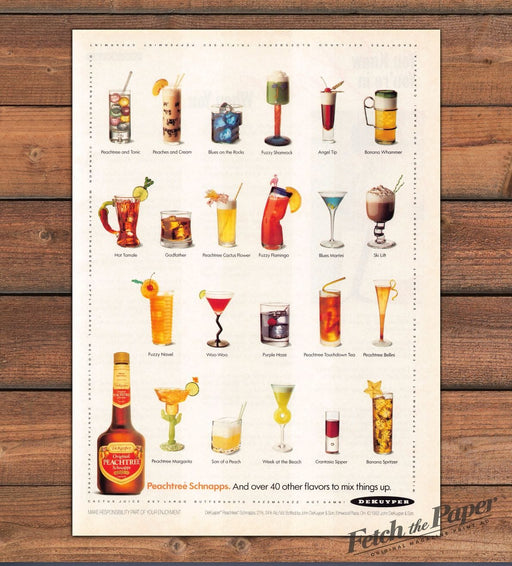 DeKuyper Peachtree Schnapps Cocktails Fuzzy Navel Woo Woo Print Ad 1993 1990s