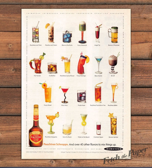 DeKuyper Peachtree Schnapps Cocktails Fuzzy Navel Woo Woo Print Ad 1993 1990s