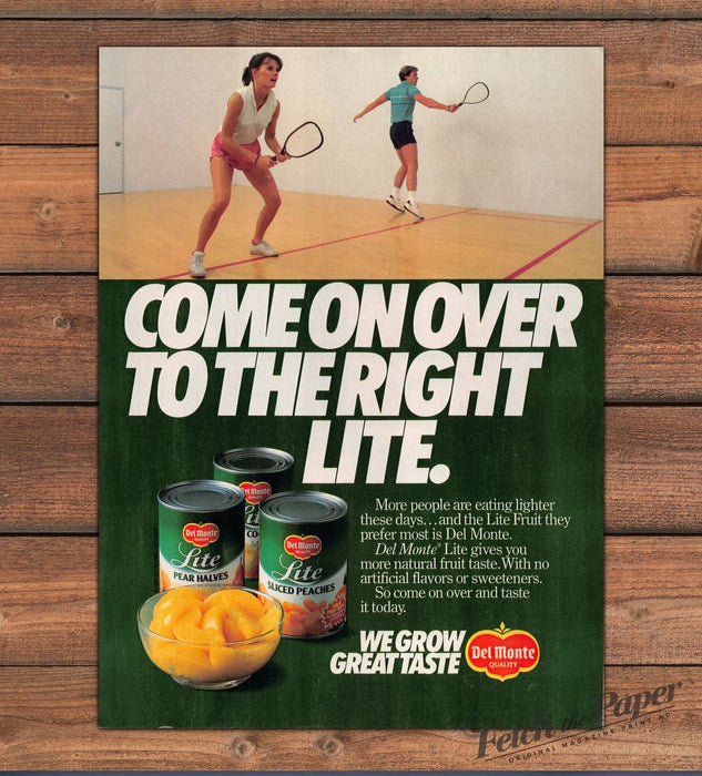 Del Monte Lite Canned Peaches Pears Racquetball Print Ad 1986 1980s