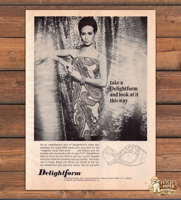 Delightform Strapless Lace Bra Paisley Dress Model Lingerie Print Ad 1966 1960s