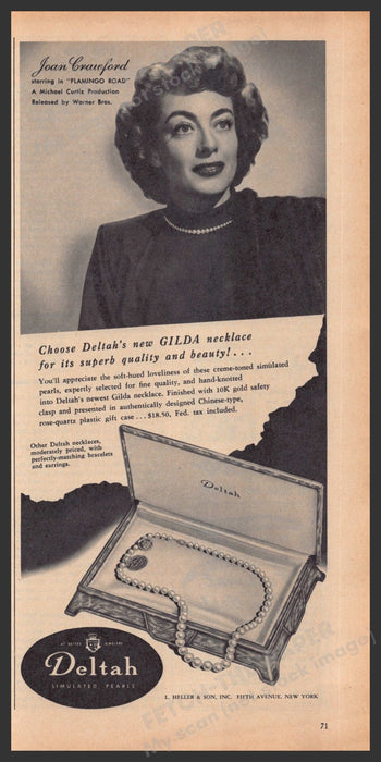 Deltah Jewelry Gilda Necklace  Joan Crawford 1940s Print Advertisement Ad 1949 Fetch-the-Paper