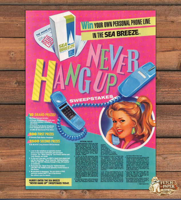 Sea Breeze Never Hang Up Sweepstakes Telephone Print Ad 1988 1980s