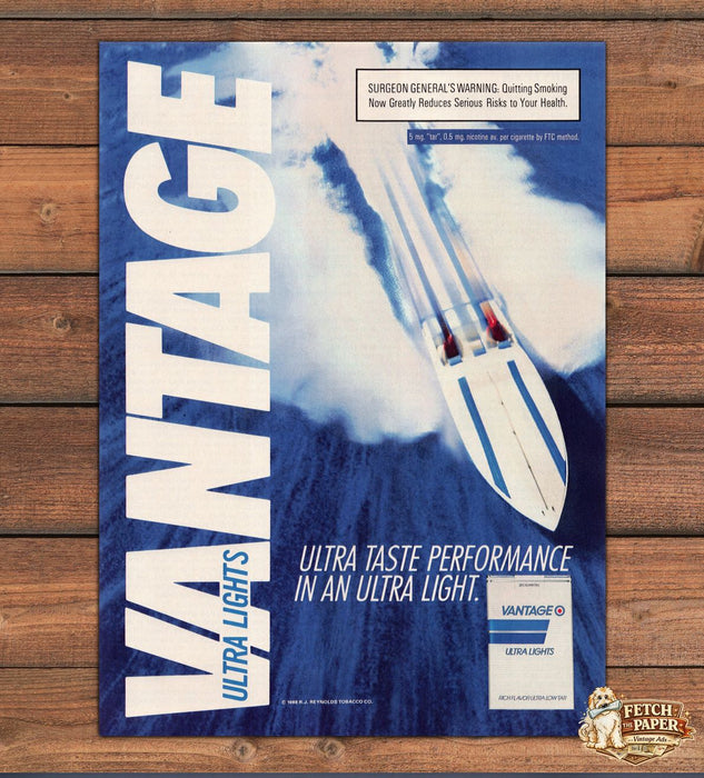 Vantage Ultra Lights Speedboat Cigarettes Print Ad 1988 1980s