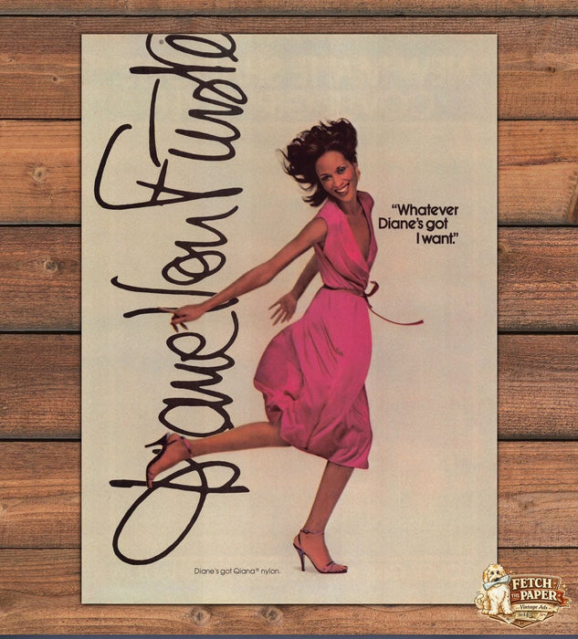 Diane Von Furstenberg Qiana Nylon Pink Wrap Dress Leg Heels Print Ad 1979 1970s