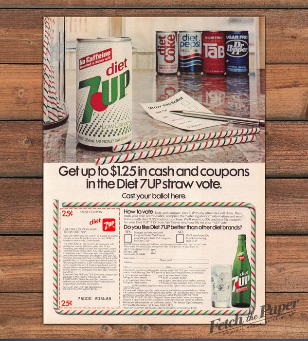 Diet 7UP No Caffeine Straw Vote Coupons Diet Coke Pepsi Tab Print Ad 1983 1980s
