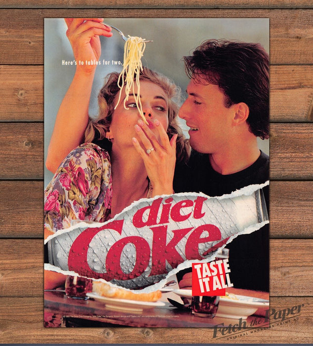 Diet Coke "Taste It All" Couple Spaghetti Tables For Two Print Ad 1993 1990s