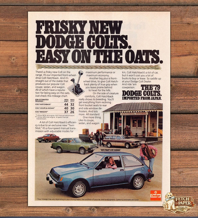 Dodge Colt Frisky New Easy on the Oats Hatchback Cowboy Print Ad 1978 1970s