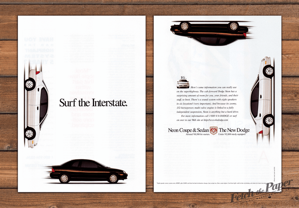 Dodge Neon Coupe & Sedan "Surf the Interstate" Car Print Ad 1997 1990s (2pgs)