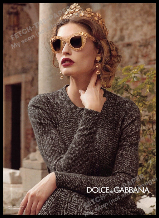 Dolce & Gabbana 2010s Magazine Print Ad 2013 Sunglasses Gold Crown Bling Fashion