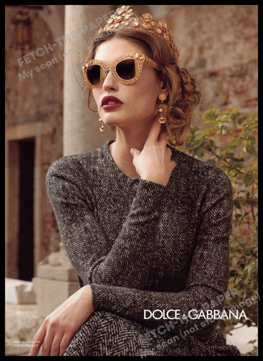 Dolce & Gabbana 2010s Magazine Print Ad 2013 Sunglasses Gold Crown Bling Fashion