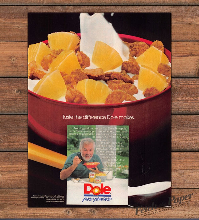 Dole Pineapple Chunks Cereal Bowl Milk Splash Man Print Ad 1987 1980s