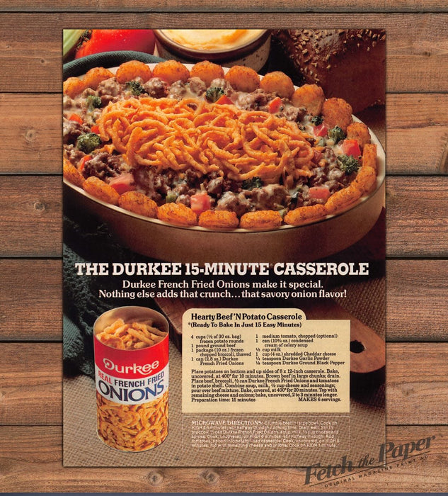 Durkee French Fried Onions Beef Potato Casserole Recipe Print Ad 1987 1980s