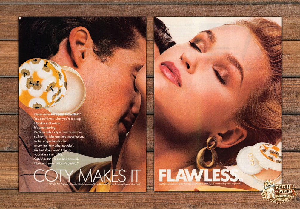 Coty Airspun Powder Flawless Closed Eyes Portrait Print Ad 1988 1980s (2pgs)