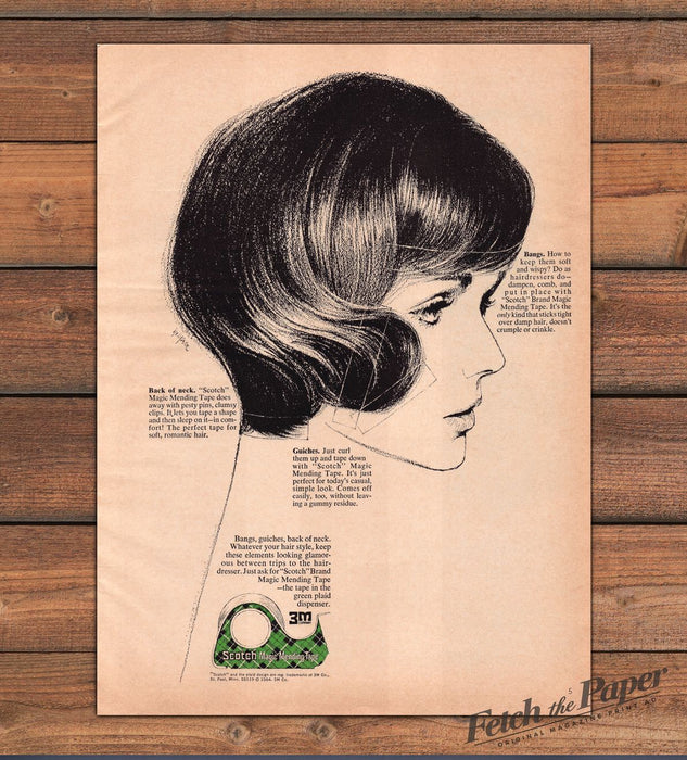 Scotch Magic Mending Tape 3M Hairstyle Bangs Illustration Print Ad 1964 1960s