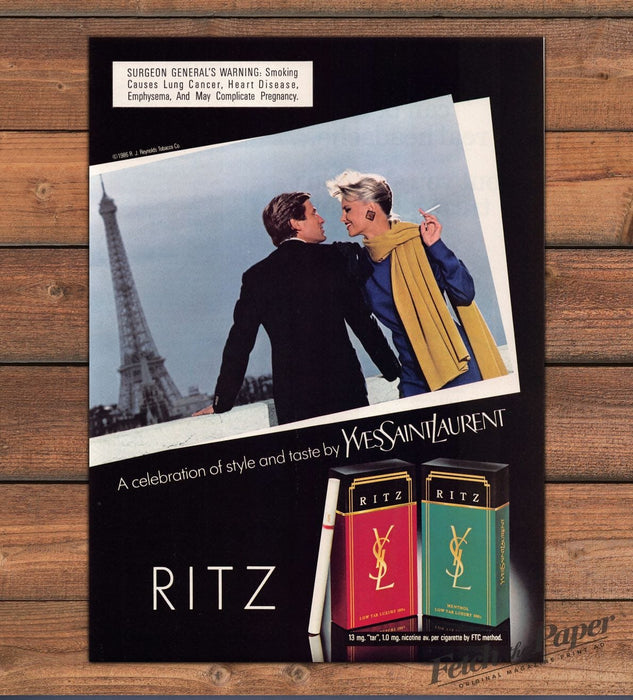 Yves Saint Laurent Ritz Cigarettes Paris Eiffel Tower Couple Print Ad 1986 1980s