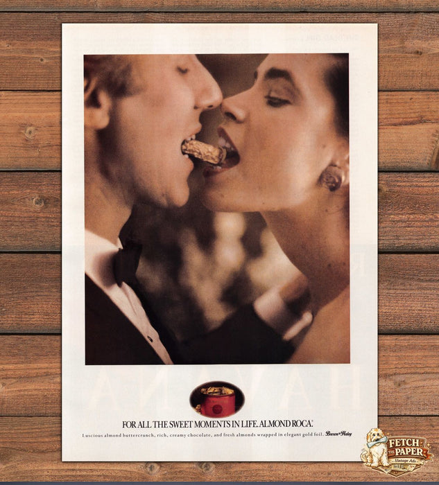 Almond Roca Brown Haley Couple Feeding Candy Kiss Romantic Print Ad 1990 1990s