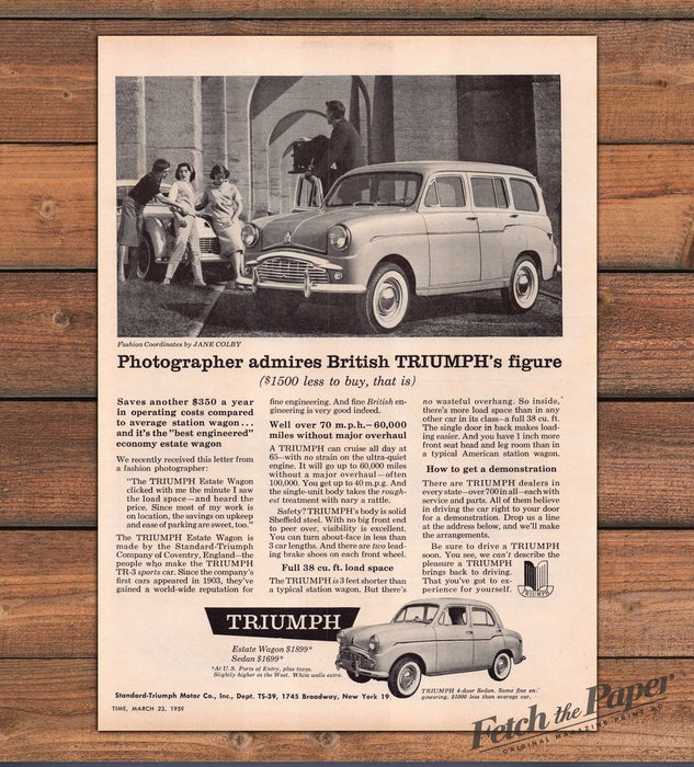 Triumph Estate Wagon Photographer Admires Triumph's Figure Print Ad 1959 1950s