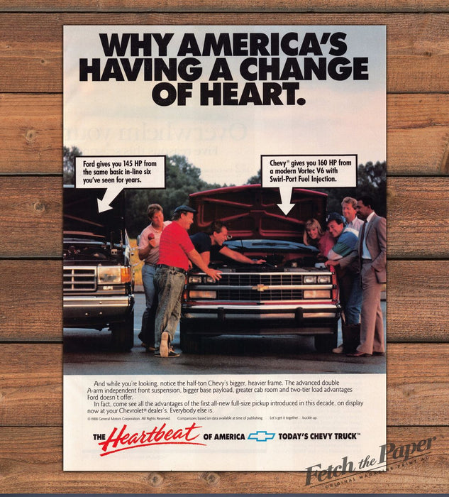 Chevy Truck Change Of Heart Ford Comparison Vortec V6 Print Ad 1988 1980s