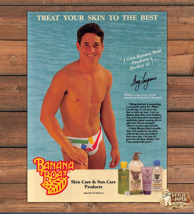 Banana Boat Greg Louganis Olympic Diver Perfect 10 Speedo Print Ad 1988 1980s