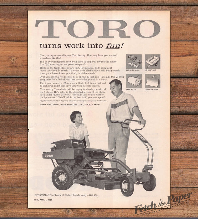 Toro Sportsman Riding Mower Turns Work Into Fun Dad Daughter Print Ad 1959 1950s