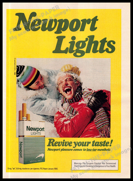 Newport Lights Cigarettes Couple Laughing In Snow 1980s Magazine Print Ad 1981