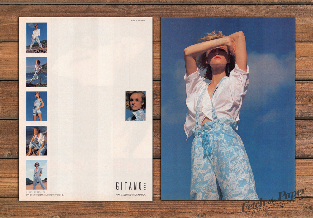 Gitano Girl Blue Sky White Shirt Floral Pants Print Ad 1985 1980s (2pgs)