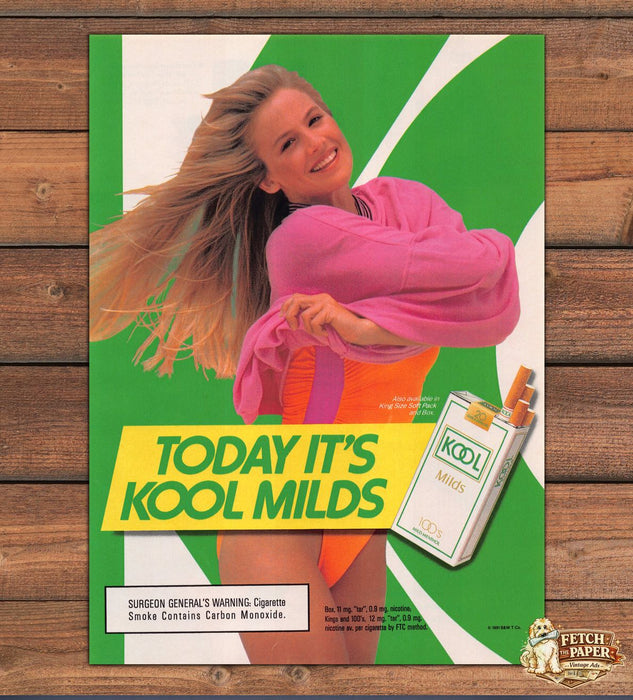 Kool Milds Cigarettes Pink Sweater Windblown Hair Green Print Ad 1991 1990s
