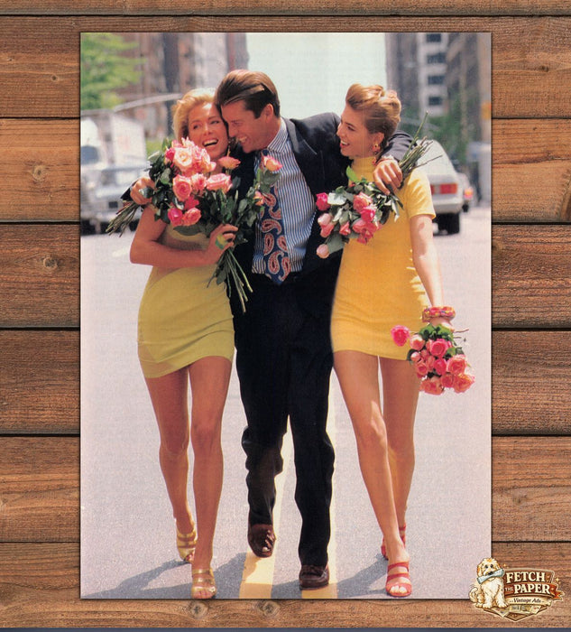 “Mr Popularity” Two Women Yellow Mini Dress Legs City Street Print Ad 1991 1990s