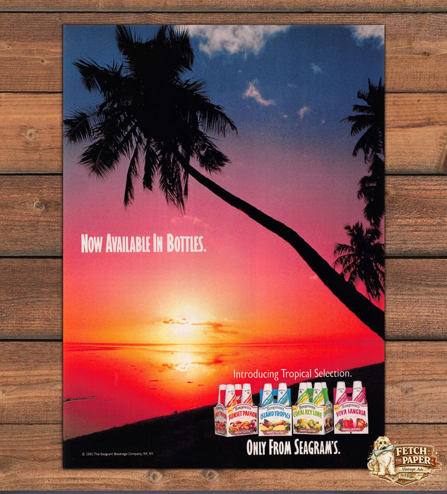 Seagram's Tropical Wine Coolers Sunset Palm Trees Bottles Print Ad 1991 1990s