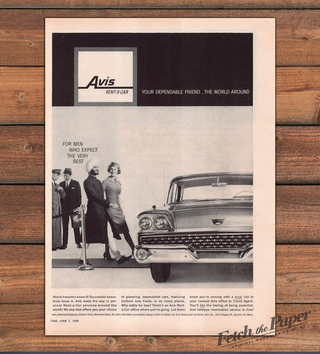 Avis Rent-a-Car Sikh Man Turban Stewardess Ford Car Print Ad 1959 1950s