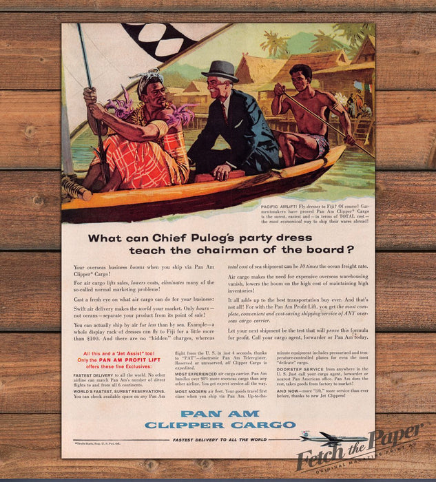 Pan Am Clipper Cargo Chief Pulog's Party Dress Fiji Canoe Print Ad 1959 1950s
