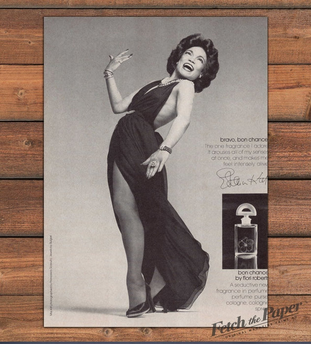Eartha Kitt Bon Chance Flori Roberts Perfume Black Gown Print Ad 1979 1970s