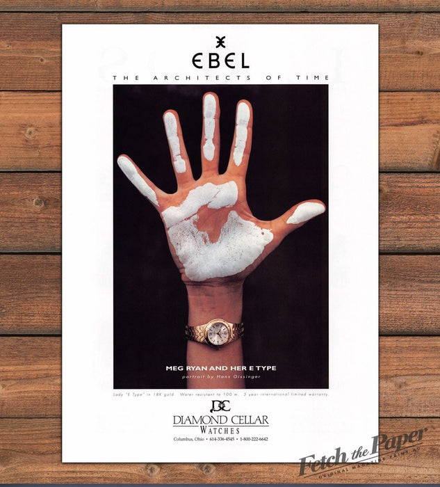 Ebel E Type Meg Ryan Hand Paint Cave Wall Gold Watch Print Ad 1999 1990s