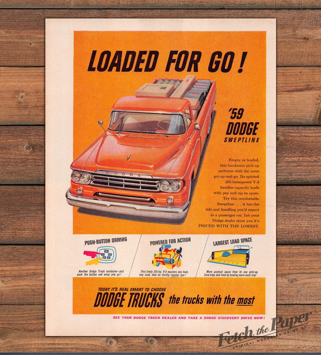 Dodge 59 Sweptline Pickup Truck Loaded For Go Orange Truck Print Ad 1959 1950s