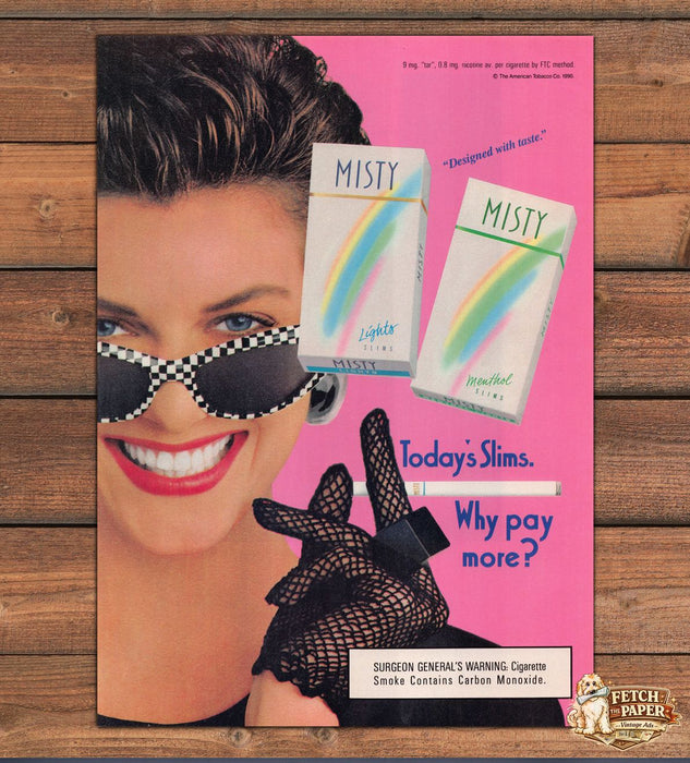 Misty Slims Designed with Taste Checkered Sunglasses Fishnet Print Ad 1990 1990s