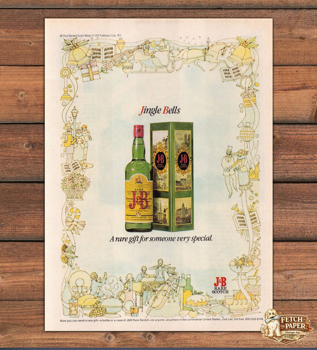 J&B Rare Scotch Jingle Bells Christmas Border Gift Box Print Ad 1978 1970s