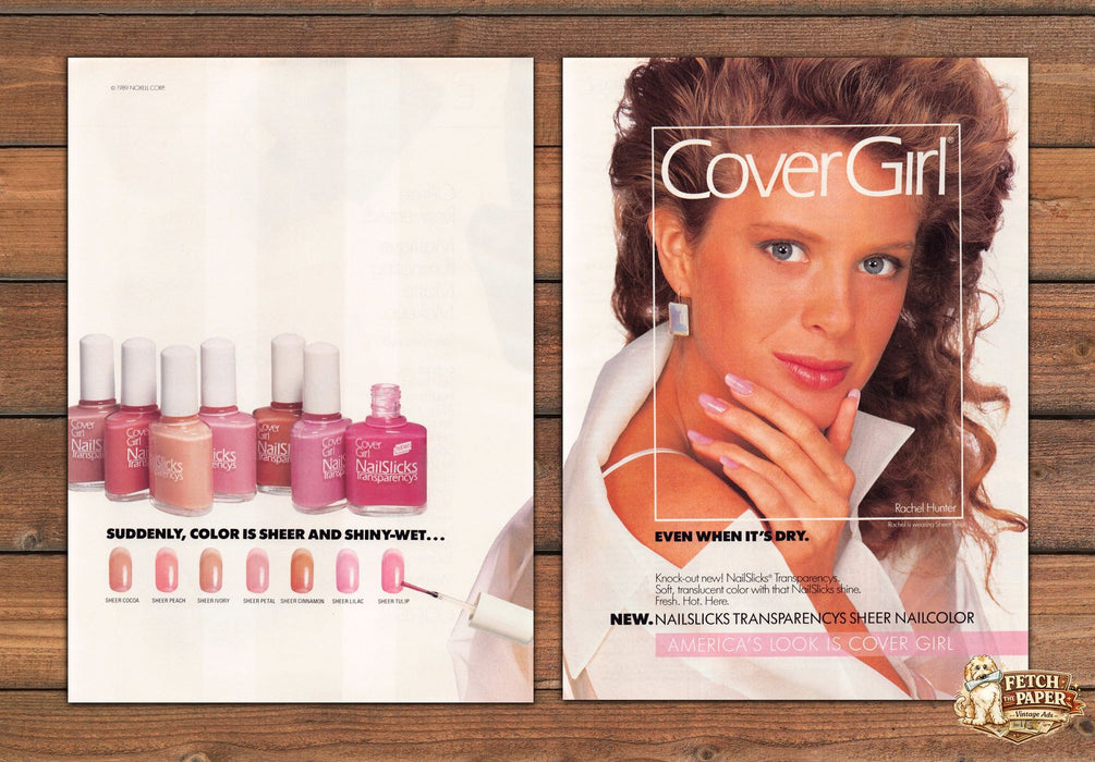Cover Girl NailSlicks Rachel Hunter Print Ad 1989 1980s (2 pgs)