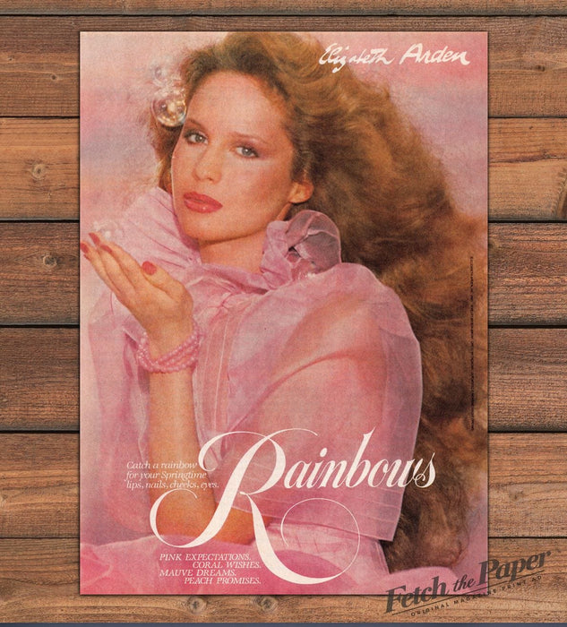 Elizabeth Arden Rainbows Pink Cosmetics Big Hair Bubbles Print Ad 1981 1980s