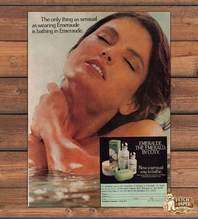 Emeraude by Coty Bathing Sensual Wet Shoulders Water Print Ad 1978 1970s