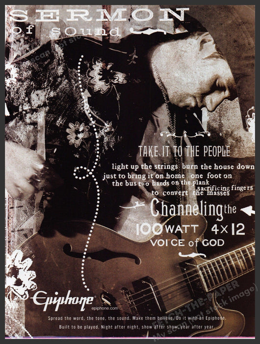 Epiphone  2000s Print Advertisement 2001 Sermon of Sound Fetch-the-Paper