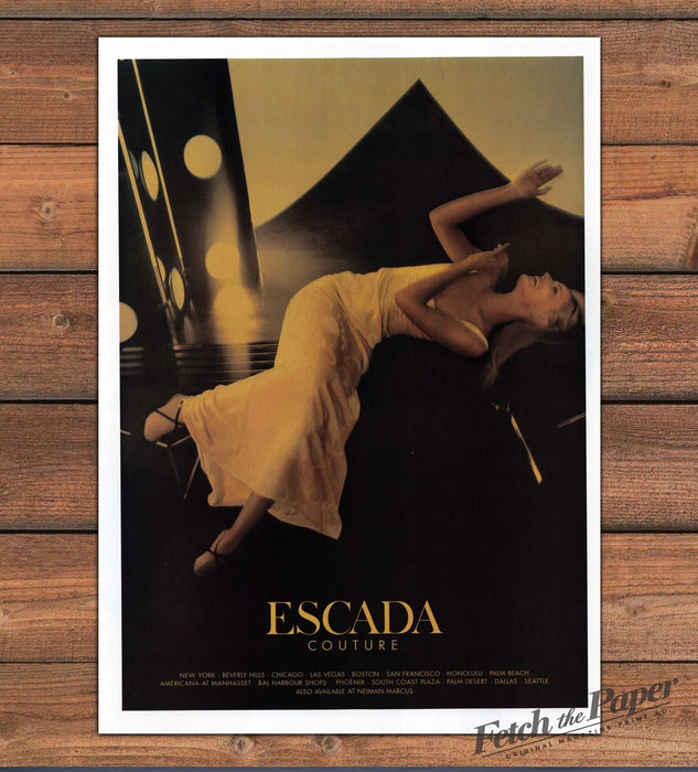 Escada Couture Reclining Model Gold Gown Dark Glam Print Ad 1997 1990s