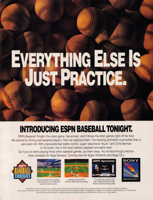 ESPN Baseball Tonight Video Game 1990s Print Advertisement Ad 1994