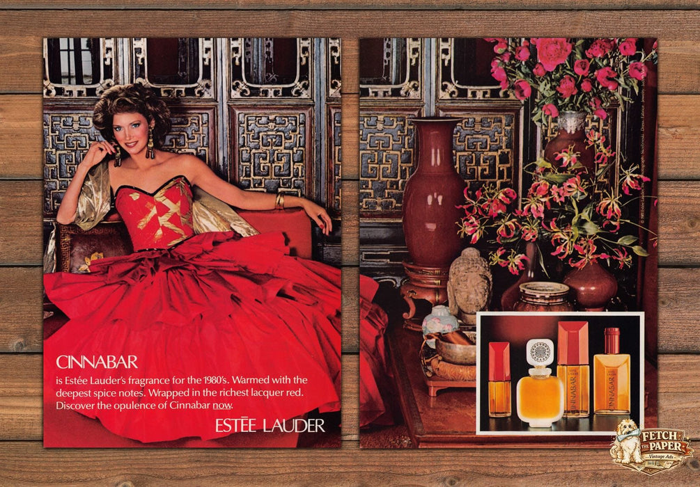 Estee Lauder Cinnabar Fragrance Red Gown Print Ad 1981 1980s
