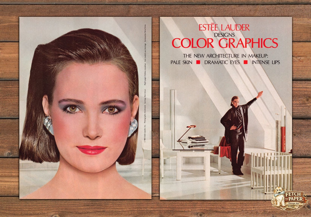 Estee Lauder Color Graphics Pale Skin Dramatic Eyes Print Ad 1983 1980s (2pgs)
