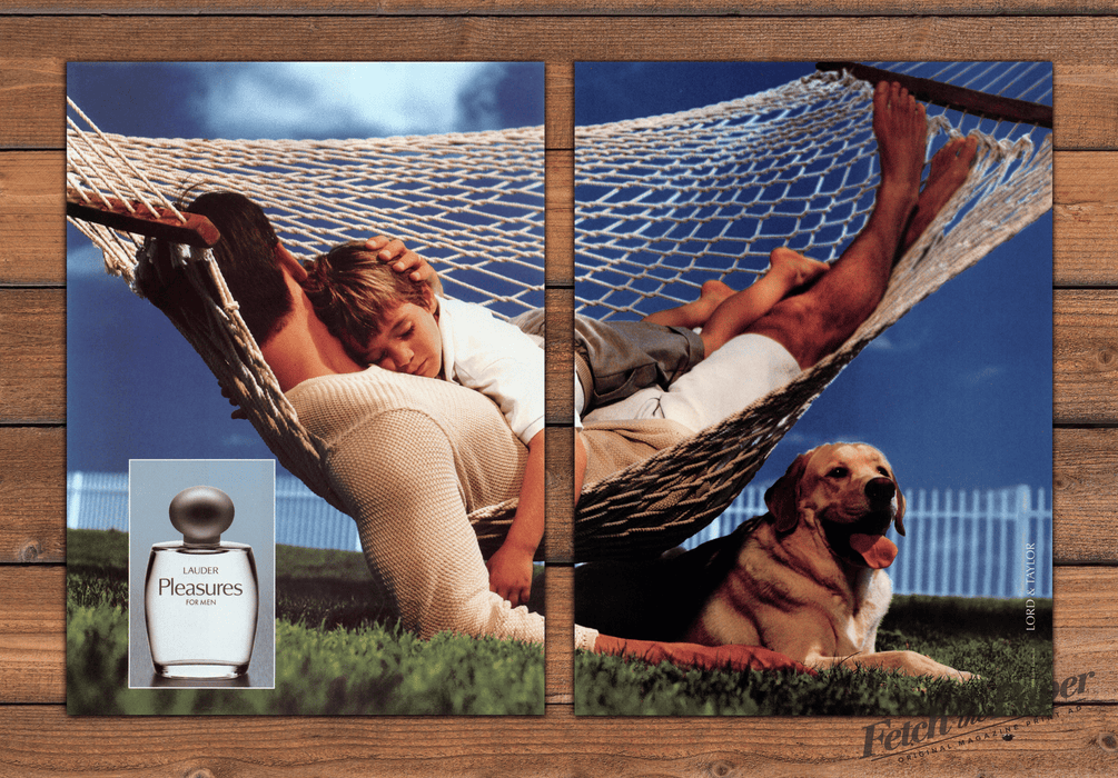 Estee Lauder Pleasures For Men Father Son Dog Print Ad 1998 1990s (2pgs)